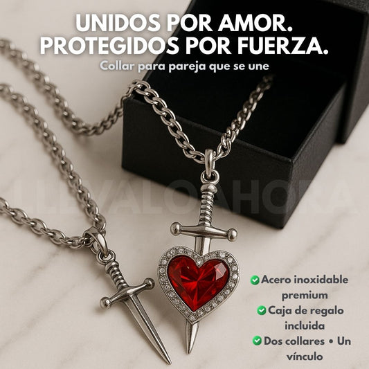 Vínculo Eterno® – Set de 2 Collares Corazón & Espada en Acero Inoxidable Premium