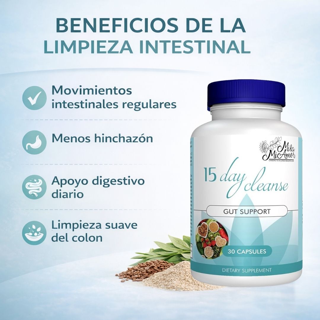 💨Limpieza intestinal que reduce hinchazón y deja el abdomen liviano | 15 Day Cleanse® – 30 cápsulas