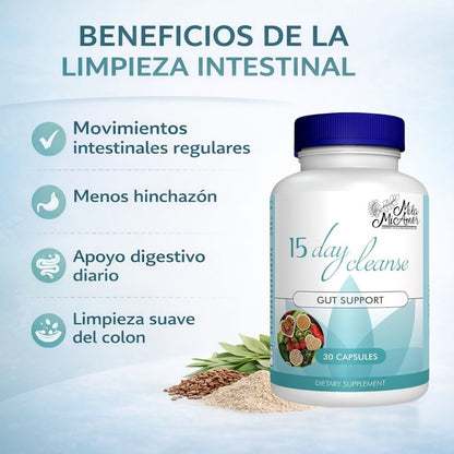 💨Limpieza intestinal que reduce hinchazón y deja el abdomen liviano | 15 Day Cleanse® – 30 cápsulas