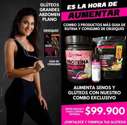 🍑 Aumenta y moldea tu figura con la Proteína Vegana VITFLOW® 600GR + Aceite y Colágeno GRATIS