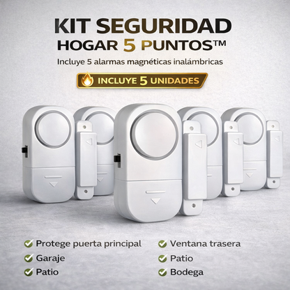 Evita robos hoy con el Kit Seguridad 5 Puntos™ (Incluye 5 alarmas PREMIUM)